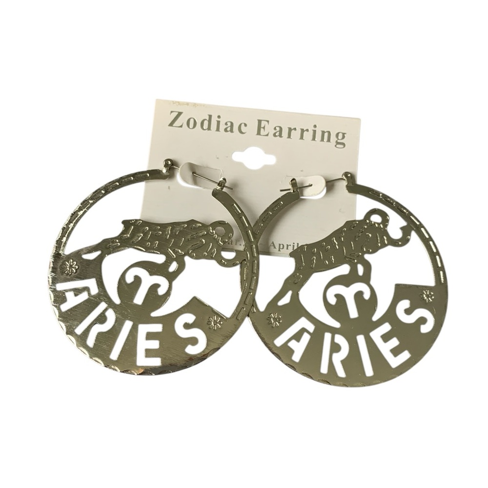 Large Aries Zodiac Earrings, silver tone